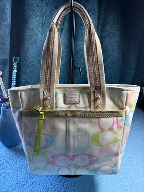 Vintage Coach Multicolor Pastel Signature Canvas Tote with Tan Straps